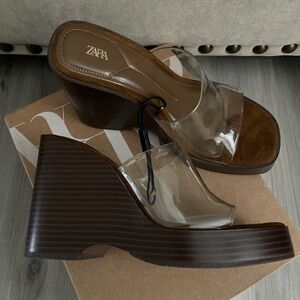 Zara Clear Strap Wedge Mules with Brown Wood-Effect Heel